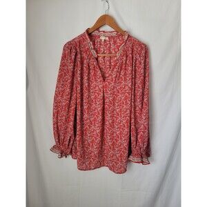 MAX STUDIO Women's 1X Plus Red Floral Ruffled Smocked Long Sleeve Blouse Top